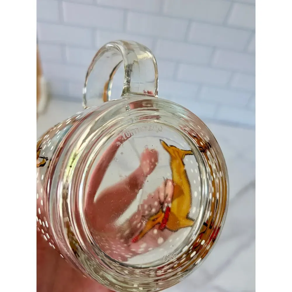 Vintage Pair Luminarc Holiday Christmas Rudolph Reindeer Snow Glass Mugs